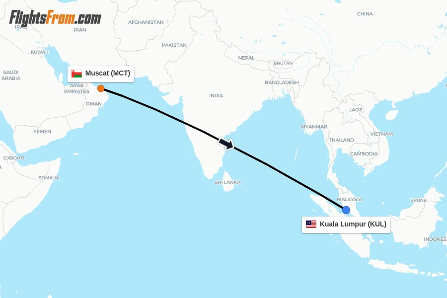 Flights from Muscat to Kuala Lumpur route map