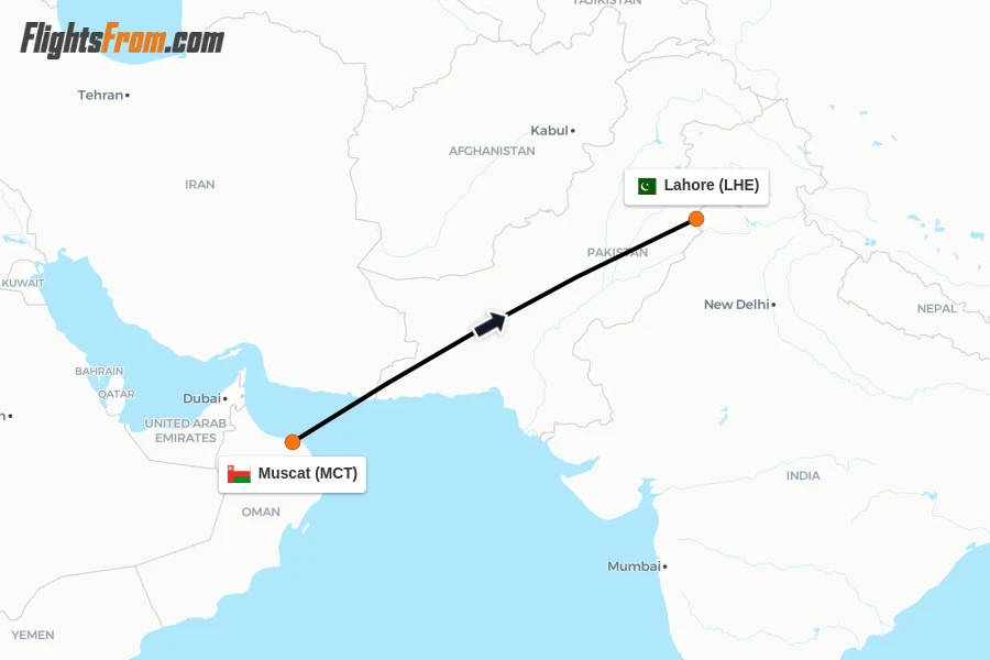 Flights from Muscat to Lahore route map