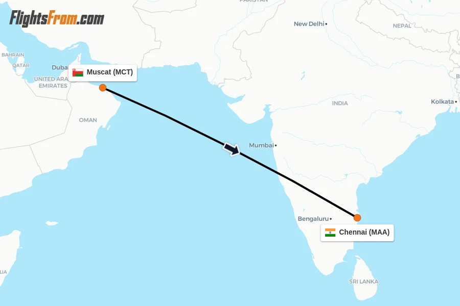 Flights from Muscat to Chennai route map