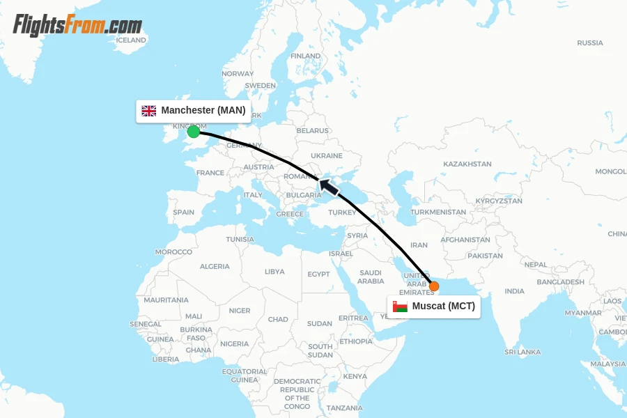Flights from Muscat to Manchester route map