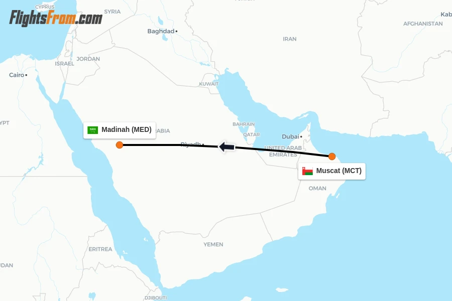 Flights from Muscat to Madinah route map