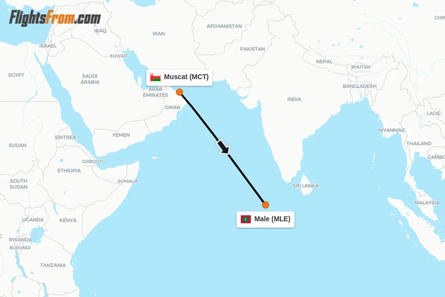 Flights from Muscat to Male route map