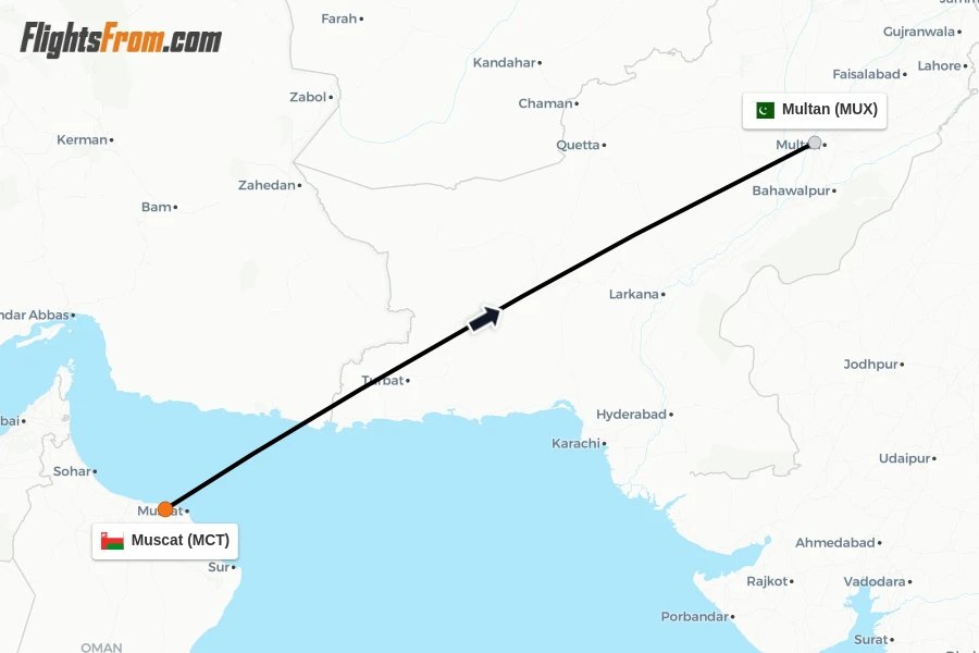 Flights from Muscat to Multan route map