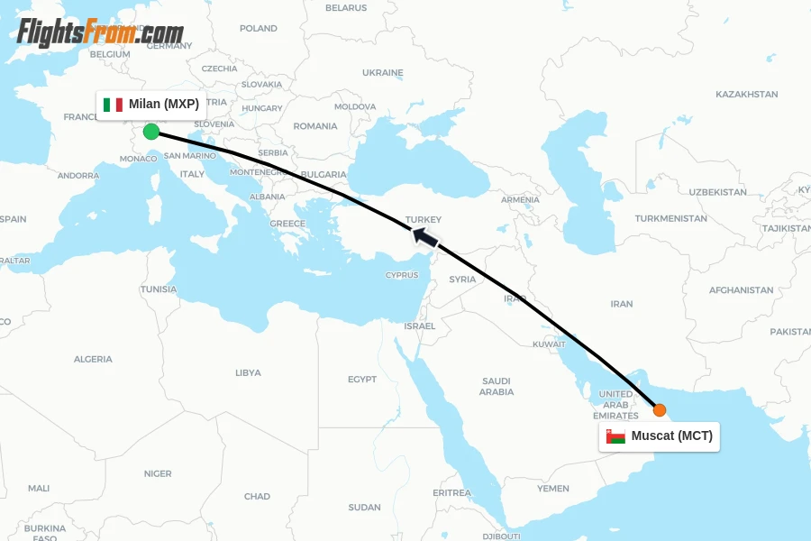 Flights from Muscat to Milan route map