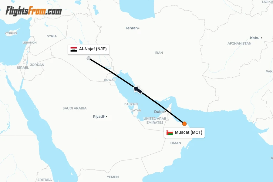 Flights from Muscat to Al-Najaf route map