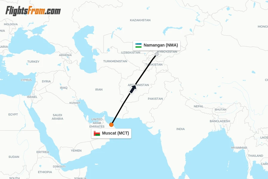 Flights from Muscat to Namangan route map