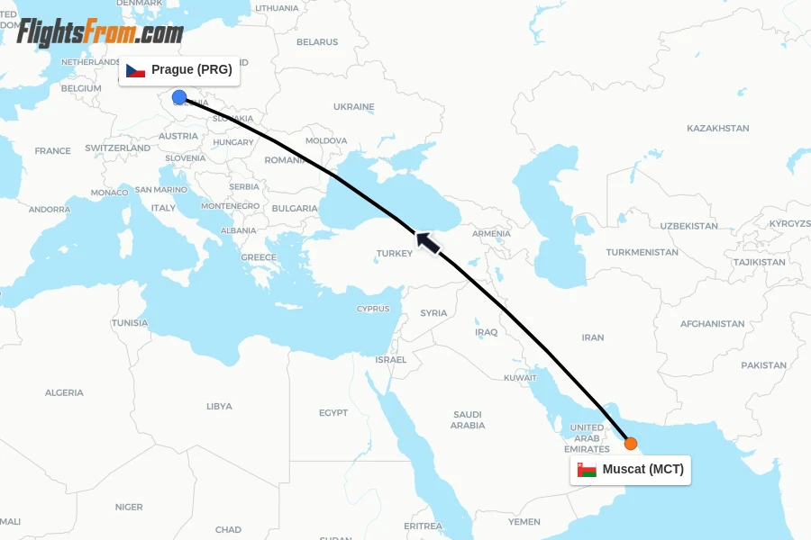 Flights from Muscat to Prague route map
