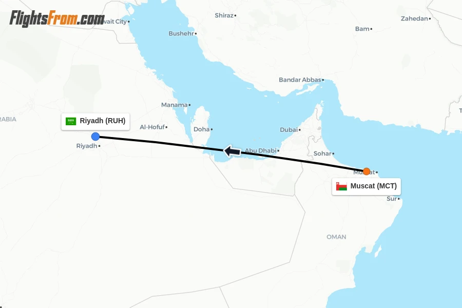 Flights from Muscat to Riyadh route map