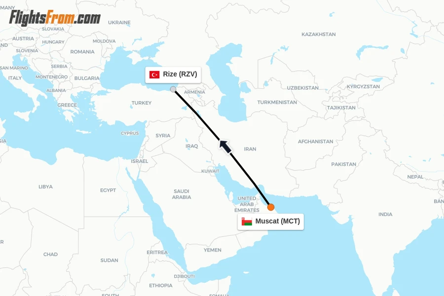 Flights from Muscat to Rize route map