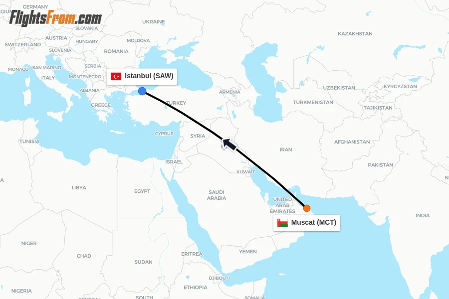 Flights from Muscat to Istanbul route map