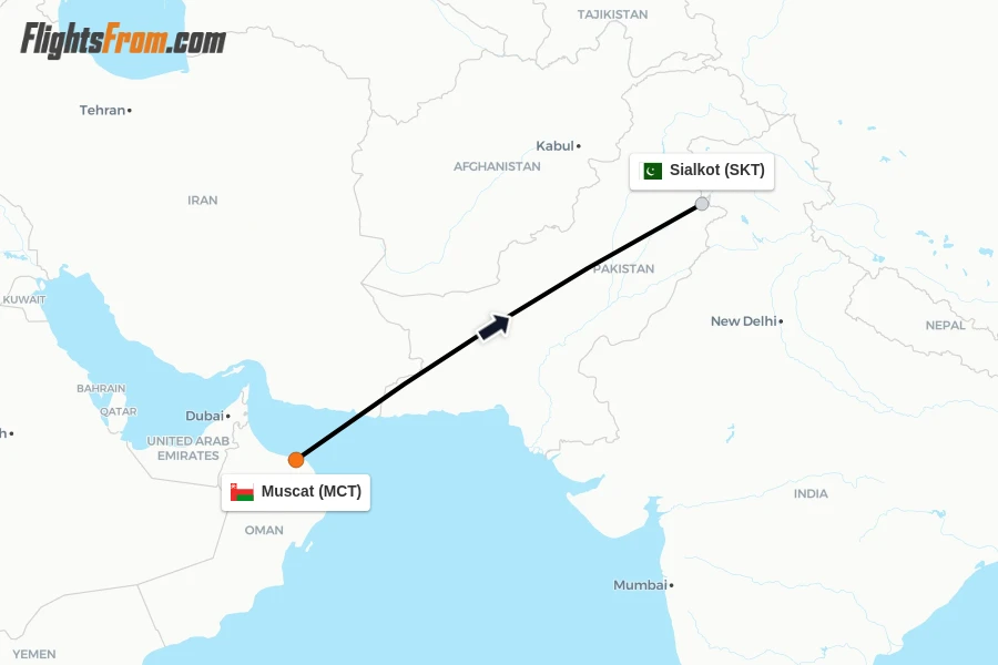 Flights from Muscat to Sialkot route map