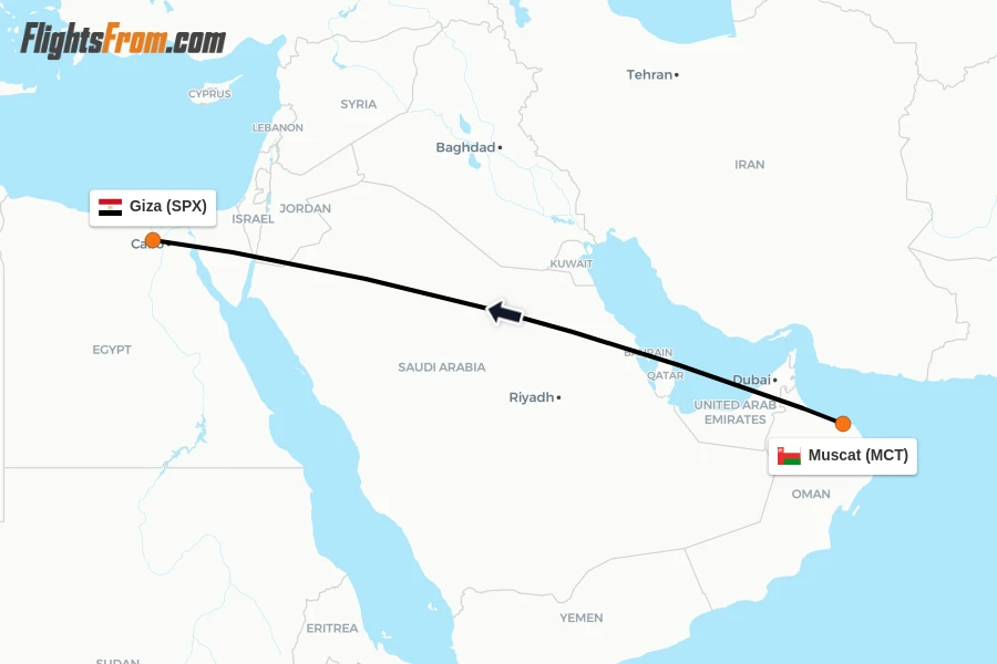 Flights from Muscat to Giza route map