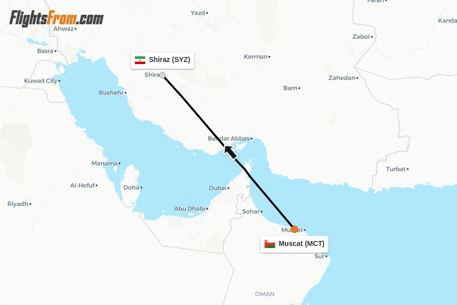 Flights from Muscat to Shiraz route map