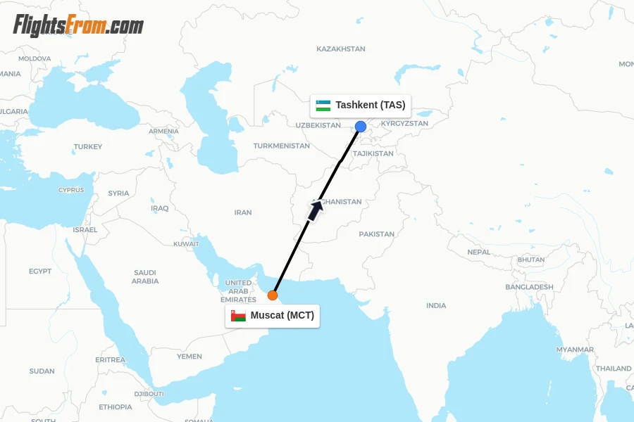 Flights from Muscat to Tashkent route map