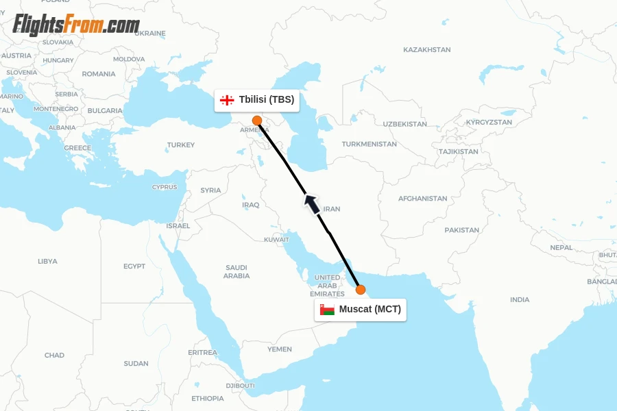 Flights from Muscat to Tbilisi route map