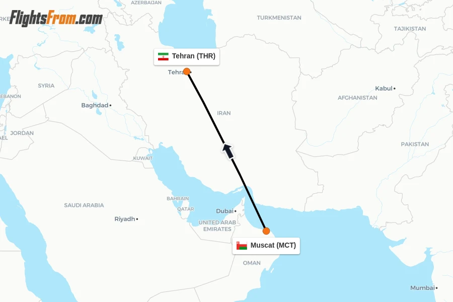 Flights from Muscat to Tehran route map