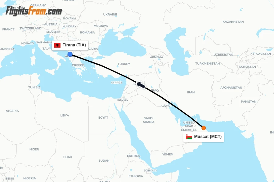Flights from Muscat to Tirana route map