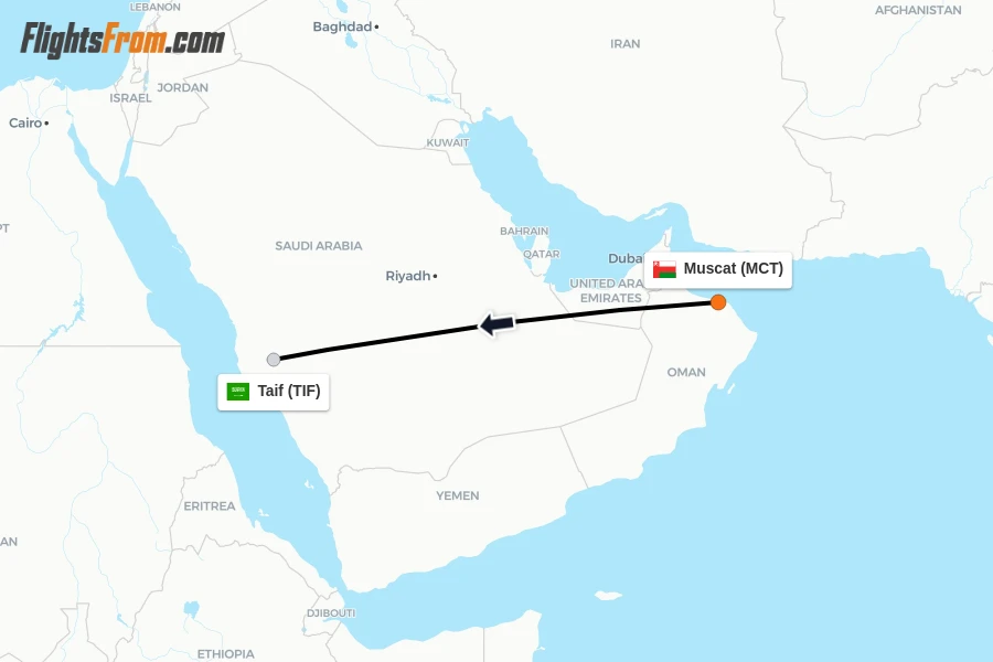 Flights from Muscat to Taif route map