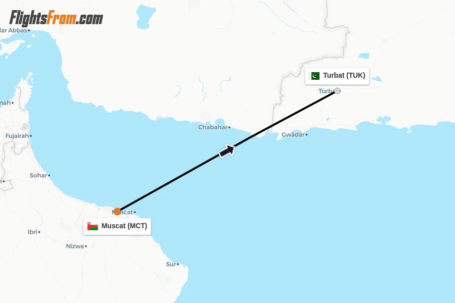 Flights from Muscat to Turbat route map