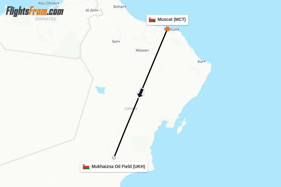 Flights from Muscat to Mukhaizna Oil Field route map