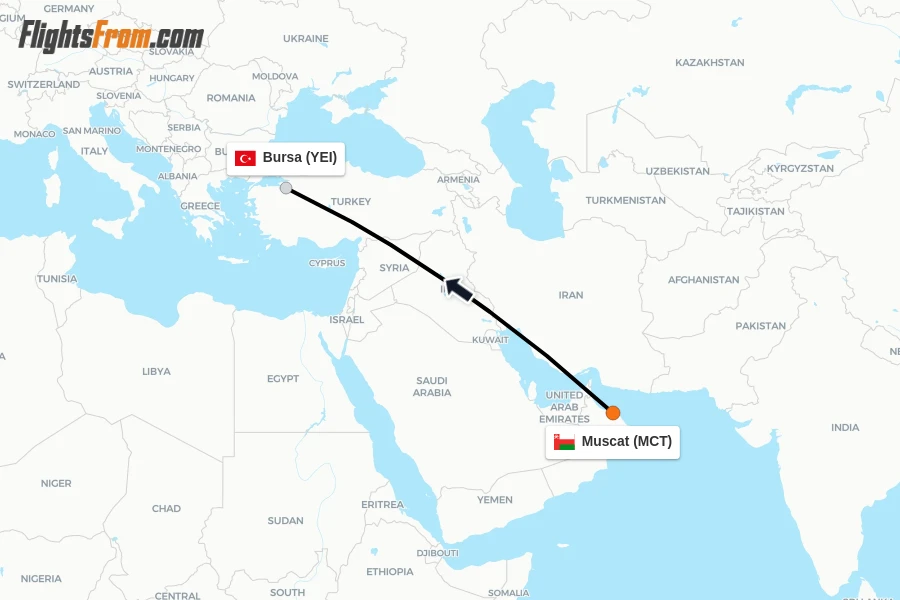 Flights from Muscat to Bursa route map