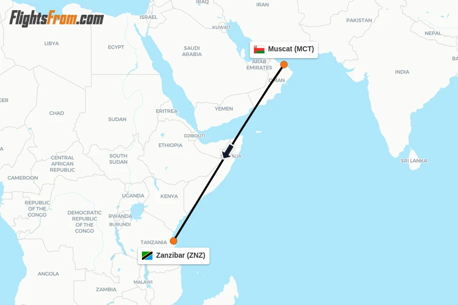 Flights from Muscat to Zanzibar route map