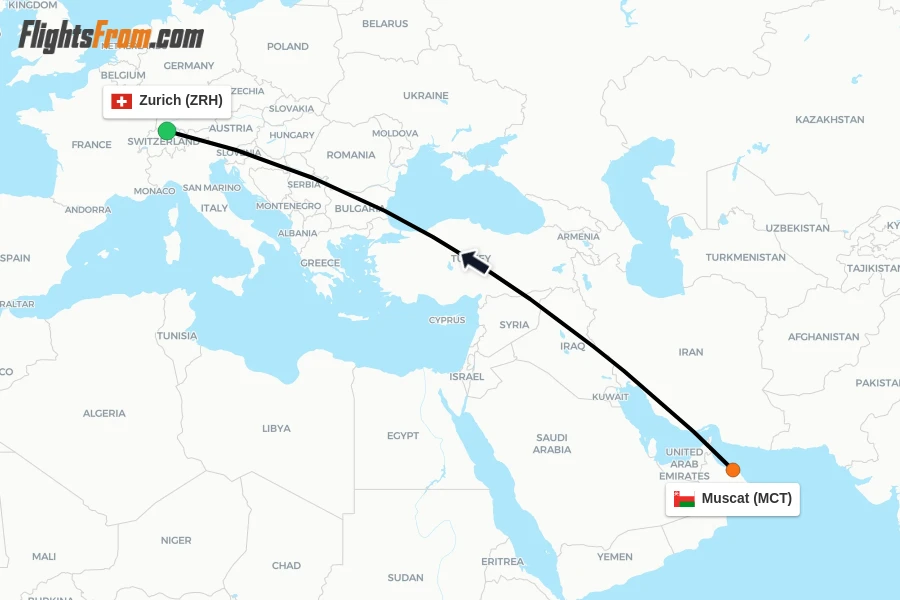 Flights from Muscat to Zurich route map