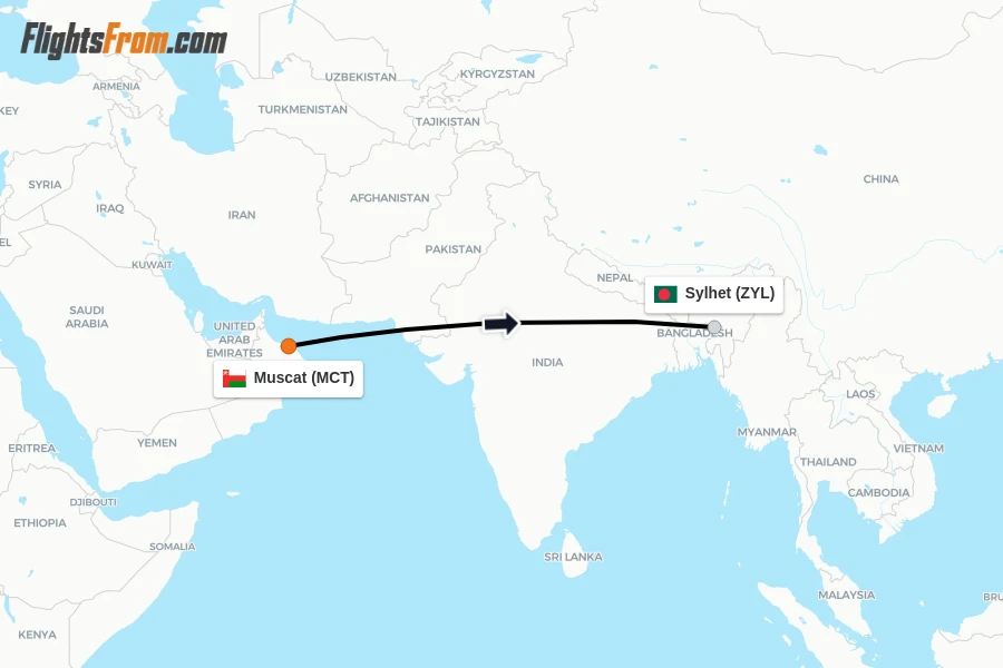 Flights from Muscat to Sylhet route map
