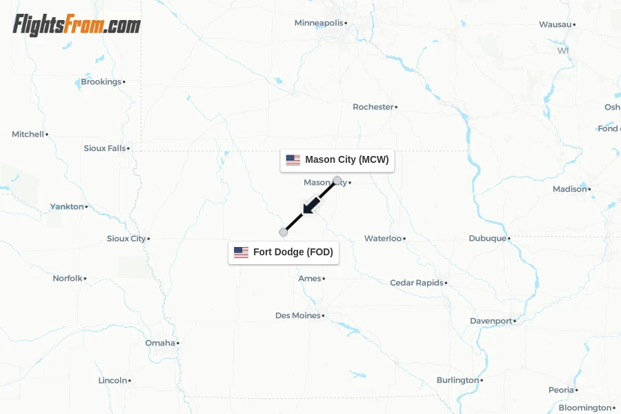 Flights from Mason City to Fort Dodge route map