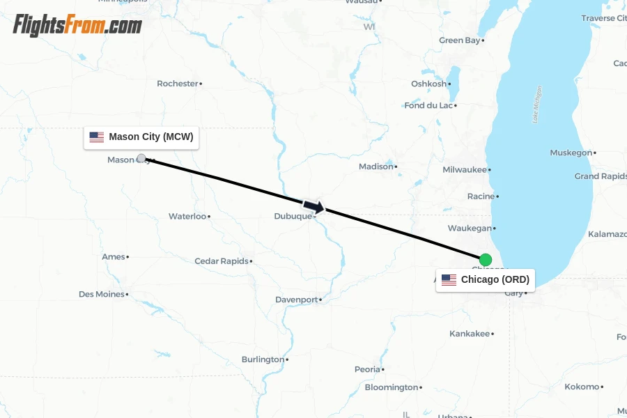 Flights from Mason City to Chicago route map