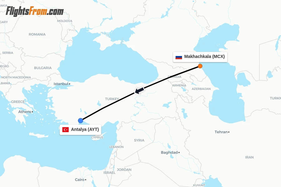 Flights from Makhachkala to Antalya route map