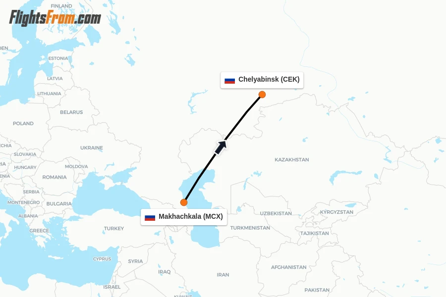 Flights from Makhachkala to Chelyabinsk route map