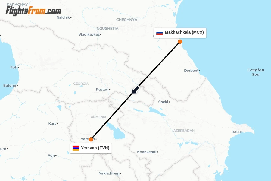 Flights from Makhachkala to Yerevan route map
