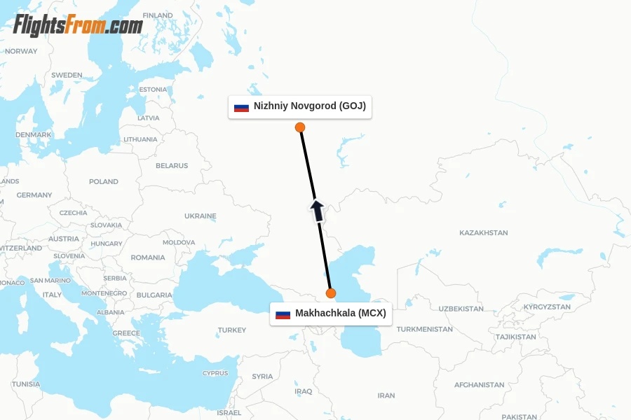 Flights from Makhachkala to Nizhniy Novgorod route map