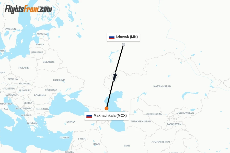 Flights from Makhachkala to Izhevsk route map