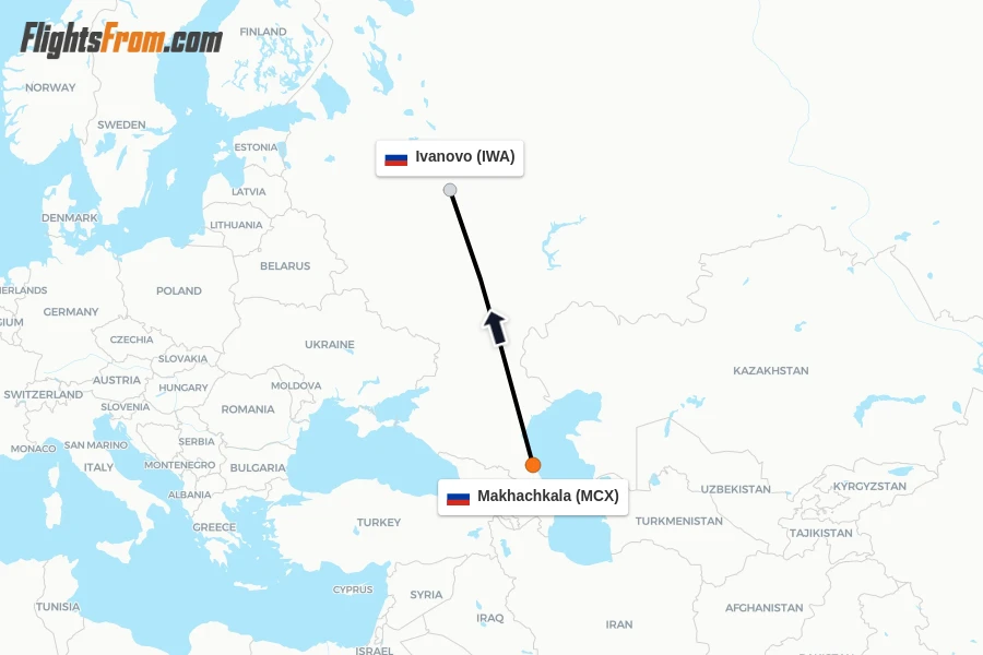 Flights from Makhachkala to Ivanovo route map