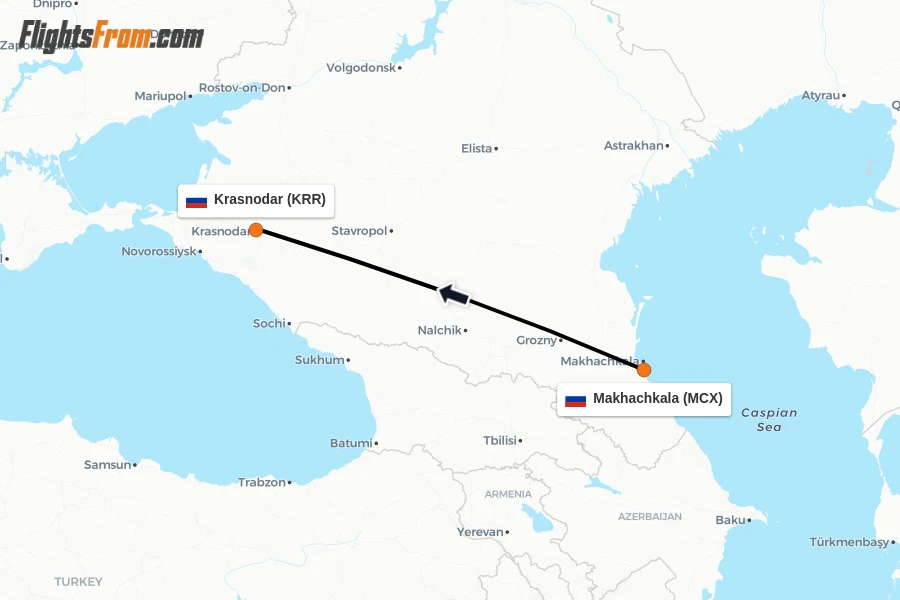Flights from Makhachkala to Krasnodar route map