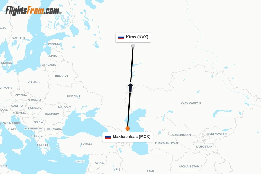 Flights from Makhachkala to Kirov route map