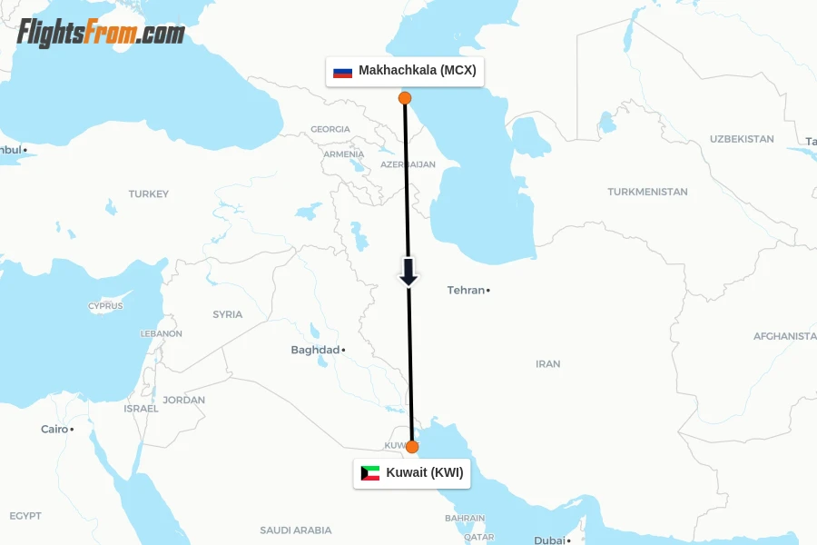 Flights from Makhachkala to Kuwait route map