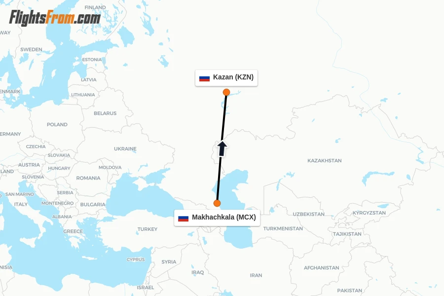 Flights from Makhachkala to Kazan route map