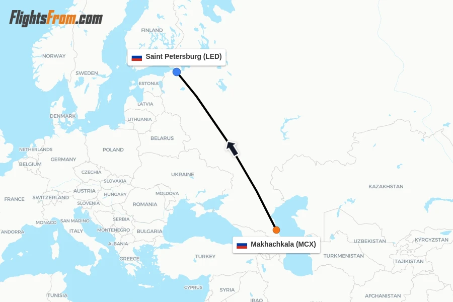 Flights from Makhachkala to Saint Petersburg route map