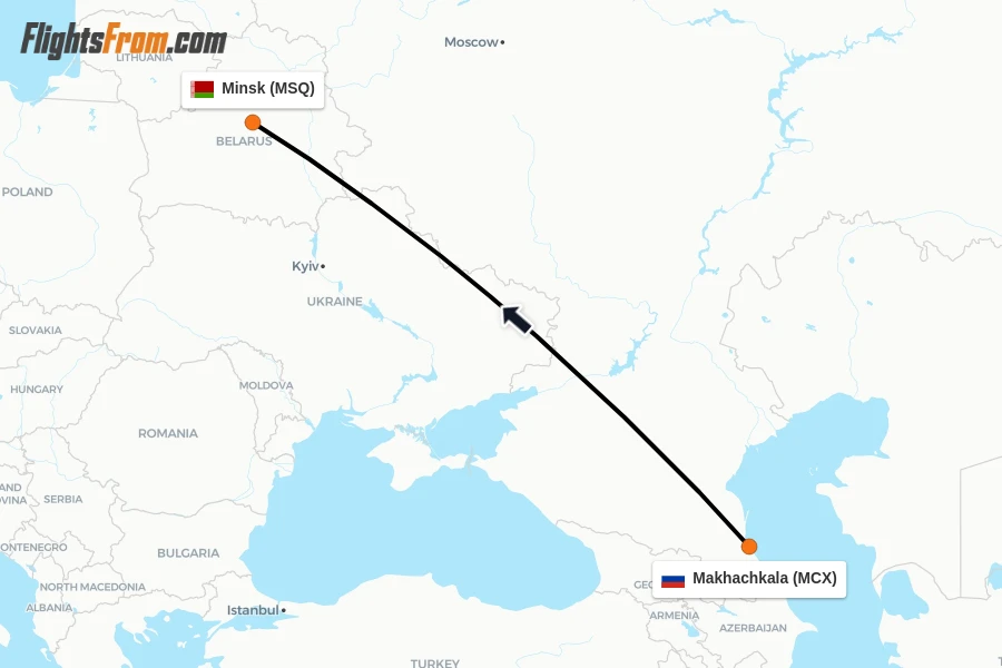 Flights from Makhachkala to Minsk route map