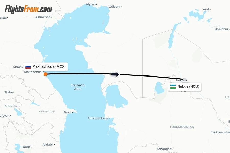 Flights from Makhachkala to Nukus route map