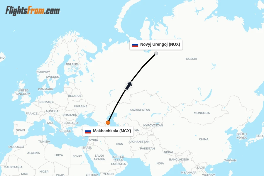 Flights from Makhachkala to Novyj Urengoj route map