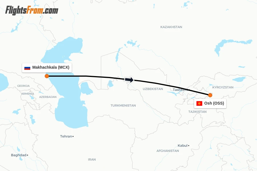 Flights from Makhachkala to Osh route map