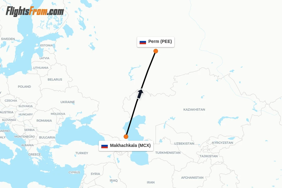 Flights from Makhachkala to Perm route map