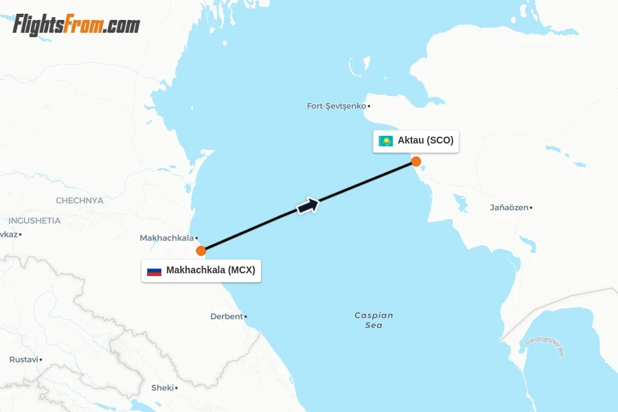 Flights from Makhachkala to Aktau route map