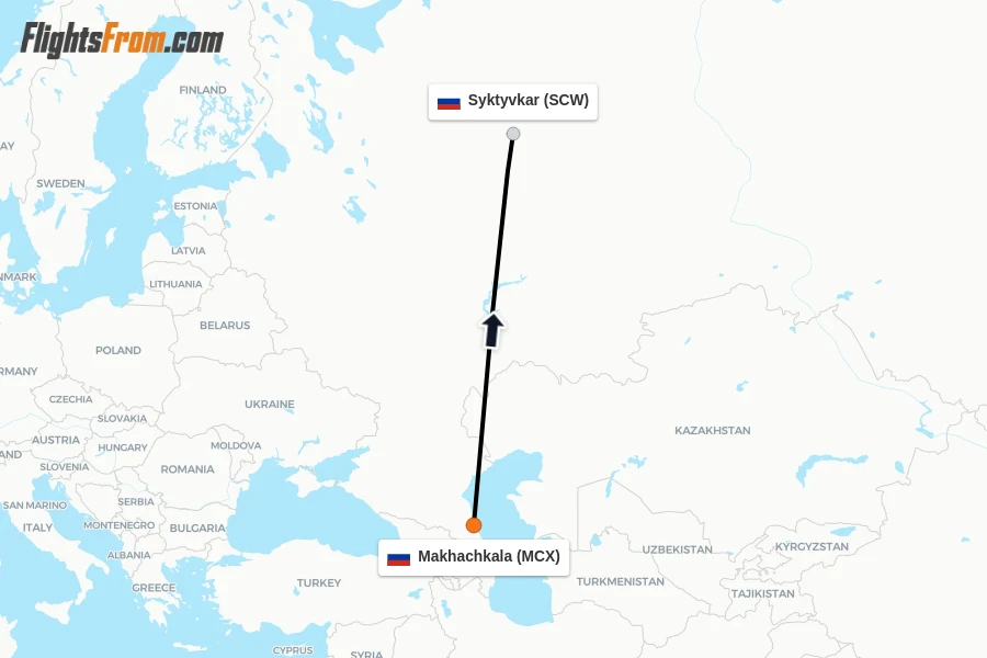 Flights from Makhachkala to Syktyvkar route map