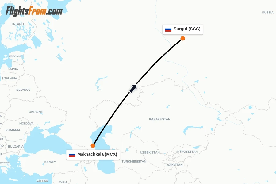 Flights from Makhachkala to Surgut route map