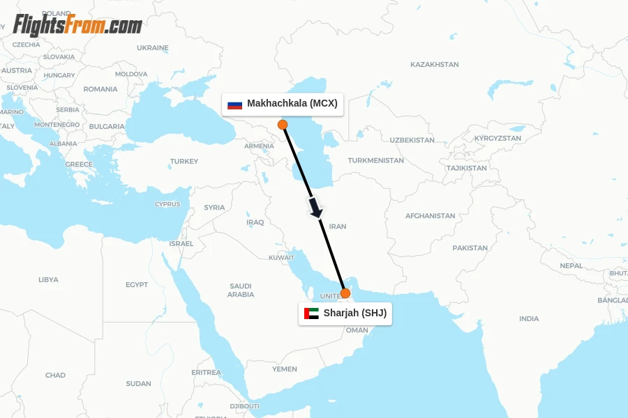 Flights from Makhachkala to Sharjah route map